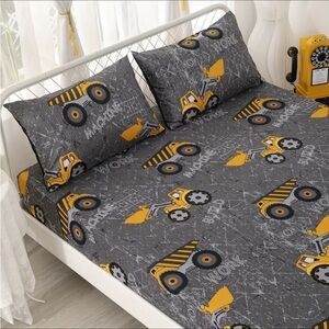 Boys Twin Size 3 Piece Gray Yellow Sheet Set Diggers Construction NEW